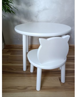 Biały okrągły stolik z drewna dla dziecka + 1 krzesełko kotek