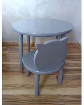 Szary okrągły stolik z drewna dla dziecka + 1 krzesełko kotek